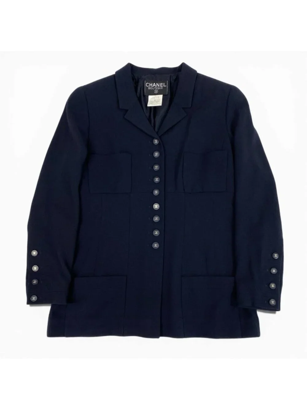 Chanel Vintage Long Tailored Jacket CC Logo Button 42 Dark Navy Wool